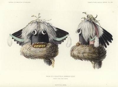 Masker van een Sayathlia (krijgersgod) - voor- en zijaanzicht (kleurenlitho) door American School