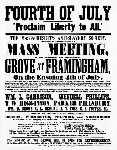 Poster van de Massachusetts Anti-Slavery Society die vrijheid voor iedereen verkondigt op Onafhankelijkheidsdag, 1859 door American School