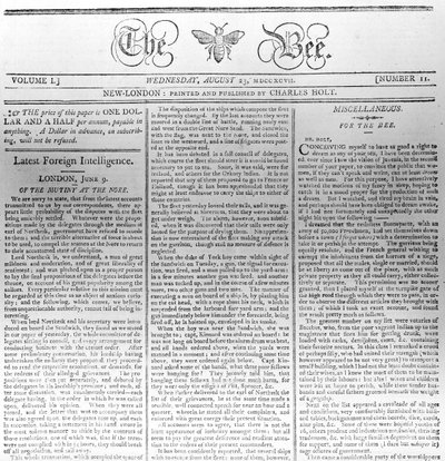 Kop van The Bee, gedrukt 23 augustus 1797 door American School
