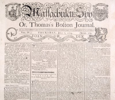 Koptekst van de Massachusetts Spy 7 juli 1774 door American School