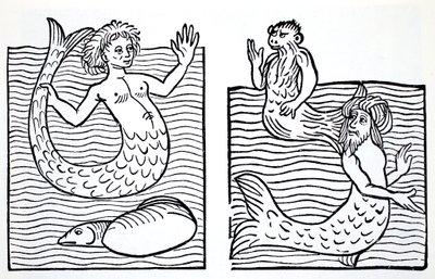 Zeemeerminnen en Zeemeermannen, uit The World Guide to Gnomes, Fairies, Elves and Other Little People door Thomas Keightley (1789-1872) gepubliceerd 1880 (ZW gravure) door American School