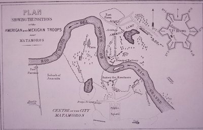 Mexicaans-Amerikaanse Oorlog (1846-48), kaart van Amerikaanse troepen nabij Rio Grande en Matamoros door American School