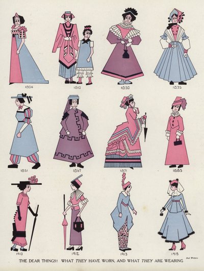 Spottende vrouwenmode door de eeuwen heen (kleurenlitho) door American School
