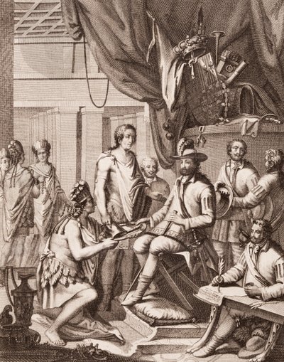 Montezuma draagt zijn rijk over aan de Koning van Spanje, geeft hem een eerbetoon en belooft zijn gehoorzaamheid, uit Antonio de Solis y Rivadeneira Solis Geschiedenis van de Verovering van Mexico, gegraveerd door Ximeno door American School