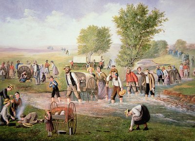 Mormoonse pioniers trekken handkarren op de lange reis naar Salt Lake City in 1856 door American School