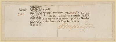 Mountain Road-loterijticket, ondertekend door George Washington (1732-99) 1768 door American School