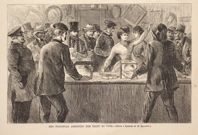 Mevrouw Woodhull die haar stemrecht opeist, gravure uit Harper