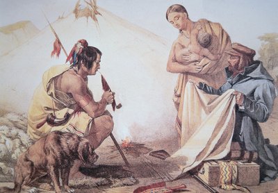 Inheemse Amerikanen ruilen bont (kleur litho) door American School