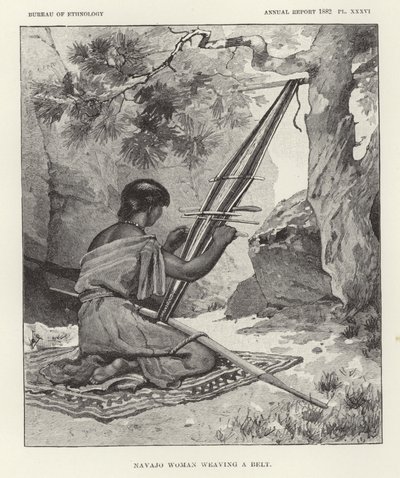 Navajo vrouw die een riem weeft door American School