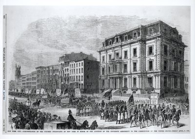 New York City: Demonstratie van de gekleurde inwoners van New York ter ere van de goedkeuring van het vijftiende amendement op de Grondwet van de Verenigde Staten, 8 april 1870, uit 