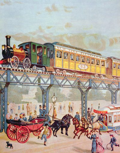 New York Elevated Railway, ca. 1880 (kleur litho) door American School
