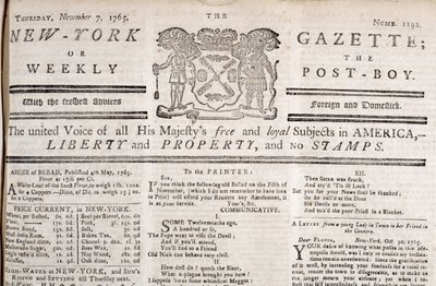 Koptekst van de New York Gazette die zijn verzet tegen de stempels verklaart, gedrukt 7 november 1765 door American School