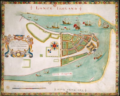 New York: plan van Manhattan, Long Island, de Hudson River en Nieuw Amsterdam door American School