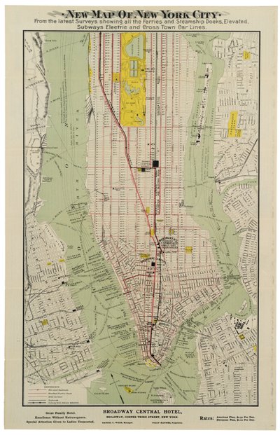 Nieuwe kaart van New York City van de laatste onderzoeken met alle veerboten en stoomschipdokken, verhoogde, metro- en elektrische [sic] en crosstown-lijnen door American School