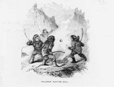 Noordpool: kinderen spelen een balspel op het pakijs - Elisha Kent Kane; Arctische Verkenningen in de jaren 1853-1855 (Philadelphia, Childs en Peterson) door American School