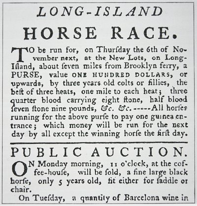 Kennisgeving van een paardenrace op Long Island, uit Rivington