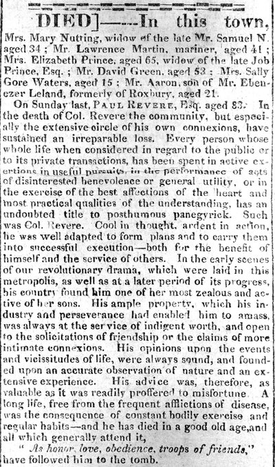 Overlijdenspagina uit de Boston Intelligencer, 16 mei 1818 door American School