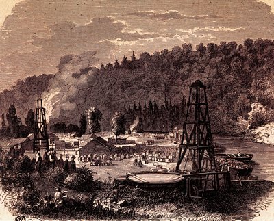 Olievelden in Titusville in Pennsylvania, met eerste boortoren uitgevonden door Edwin Laurentine Drake in 1859, gravure, VS door American School