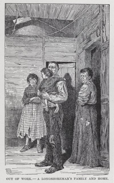 Werkloos, een havenarbeidersfamilie en hun huis (litho) door American School