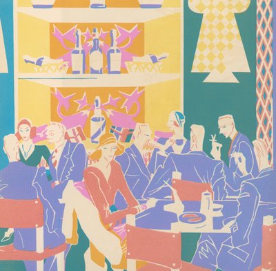 Gasten aan Tafels in een Art Deco Jazz Club door American School