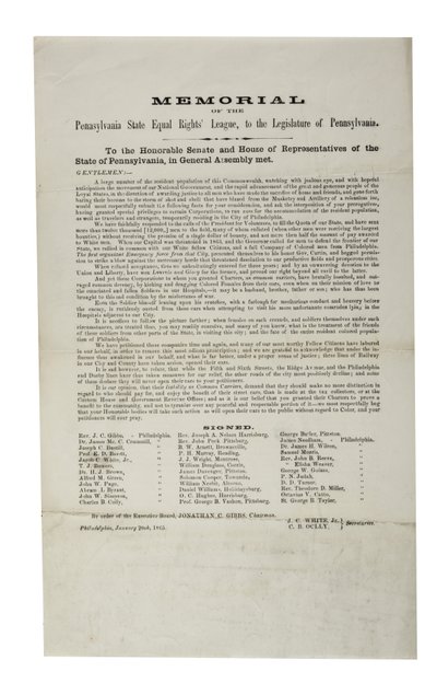 Pennsylvania State Equal Rights League, Memorial van de Pennsylvania State Equal Rights League, aan de wetgevende macht van Pennsylvania, 20 januari 1865 door American School