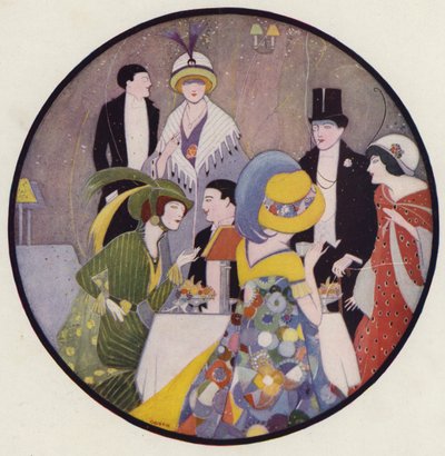 Sociale contacten na een toneelstuk, een scène uit het korte verhaal After The Play van J A Waldron (kleurenlitho) door American School