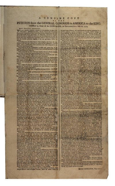 Petitie van het Algemene Congres in Amerika aan de koning, Continentaal Congres, 26 oktober 1774 door American School