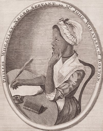 Philiis Wheatley (1753-1784). Afro-Amerikaanse dichteres. Gegraveerd frontispice van haar "Poems" (Gedichten), 1773. door American School