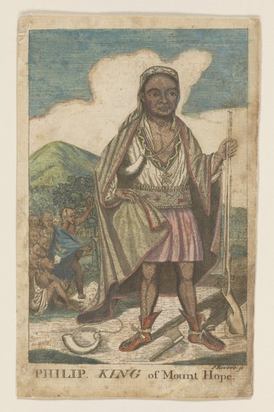 Phillip, koning van Mount Hope, pub. 1772 (handgekleurde gravure) door American School