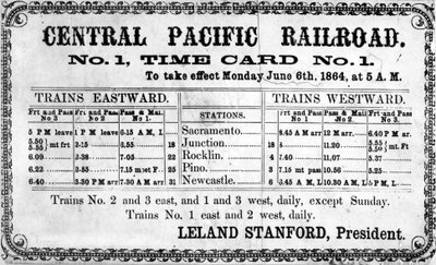 Fotografische afdruk van de originele dienstregeling van de Central Pacific Railroad Company voor 6 juni 1864, 1864 door American School