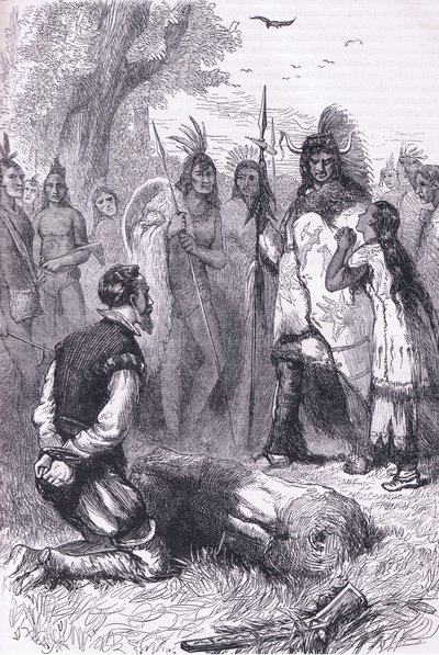 Pocahontas redt het leven van kapitein Smith, illustratie uit Cassell