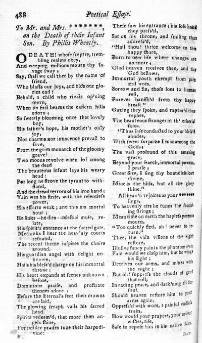 Gedicht geschreven aan een echtpaar over de dood van hun kind door Phillis Wheatly, gepubliceerd in de Boston Magazine, 1783-84 door American School
