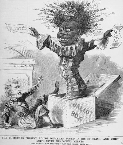 Politieke cartoon die president Andrew Jackson (1767-1845) afbeeldt die bang is voor het vooruitzicht van de zwarte stem in Amerika door American School