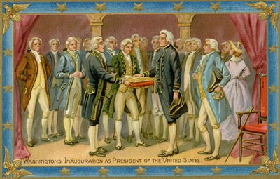 Ansichtkaart met de presidentiële inauguratie van George Washington (prent) door American School
