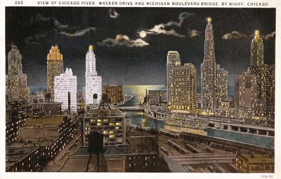Ansichtkaart van Chicago bij nacht, c.1930 door American School
