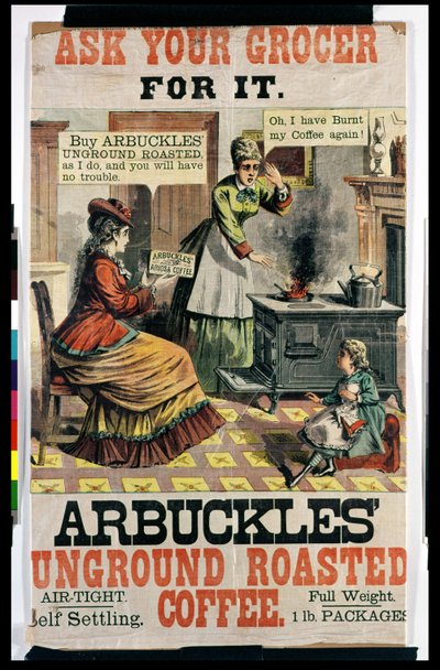 Poster die Arbuckles Ongemalen Geroosterde Koffie adverteert door American School