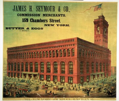 Poster die James H. Seymour & Co. Commission Merchants bij de New York Produce Exchange adverteert, gegraveerd door Sacket, Wilhelms en Betzig, ca. 1885 door American School