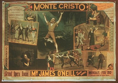 Poster die Mr James ONeill als Edmond Dantes adverteert, in de Charles Fichter versie van De Graaf van Monte Cristo door American School