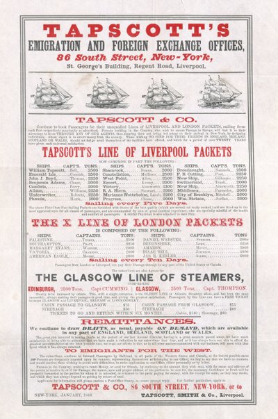 Poster die Tapscotts Emigration and Foreign Exchange Offices adverteert, New York, januari 1859 door American School