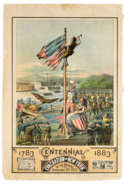 Poster die de honderdjarige herdenking van de evacuatie van New York door de Britten op 25 november 1783 adverteert, 1883 door American School
