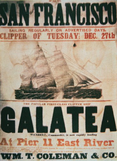 Poster die de New York naar San Francisco route van het clipper schip 