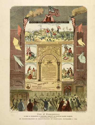 Poster ter viering van "Emancipatie in Maryland, 1 november" door American School
