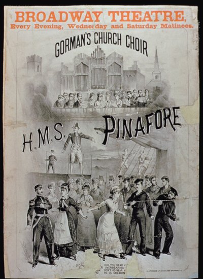 Poster voor HMS Pinafore, uitgevoerd door Gormans Church Choir in het Broadway Theatre door American School