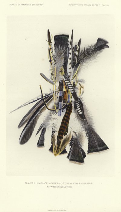 Gebedspluimen van leden van de grote vuurbroederschap tijdens de winterzonnewende (kleurenlitho) door American School