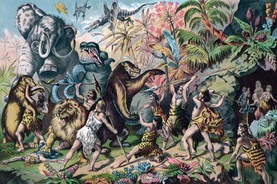 Prehistorische Man die Vechten met Woeste Dieren door American School