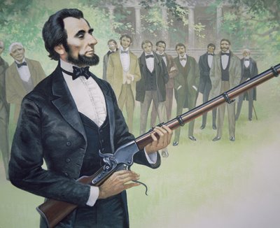 President Abraham Lincoln test het Spencer zeven-schots repeteergeweer in augustus 1863 (kleur litho) door American School