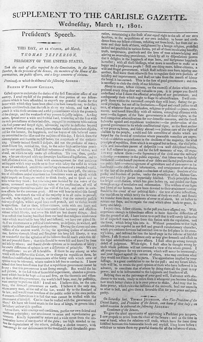 Inaugurele rede van president Jefferson, supplement bij de Carlisle Gazette, 11 maart 1801 door American School