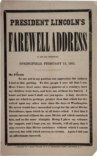 President Lincolns afscheidsrede aan zijn oude buren, Springfield, 12 februari 1861 door American School