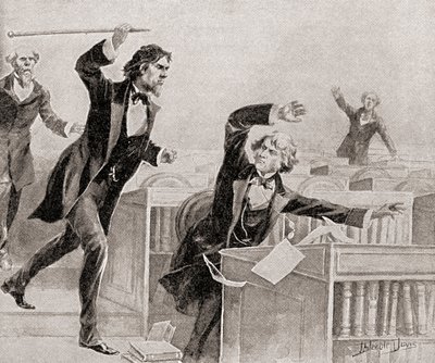 Preston Smith Brooks, een fervent voorstander van slavernij, valt senator Charles Sumner, een abolitionist, aan met een stok op de vloer van de Senaat van de Verenigde Staten, op 22 mei door American School