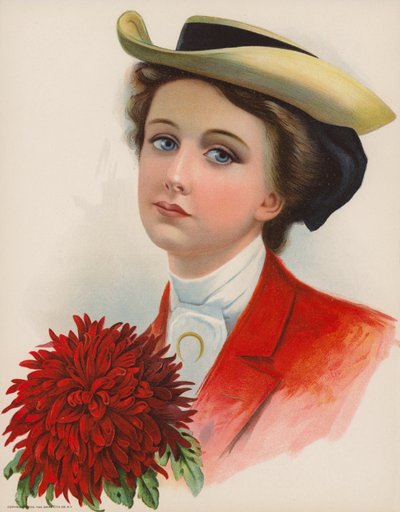 Mooie jonge vrouw met hoed en een grote rode chrysant door American School